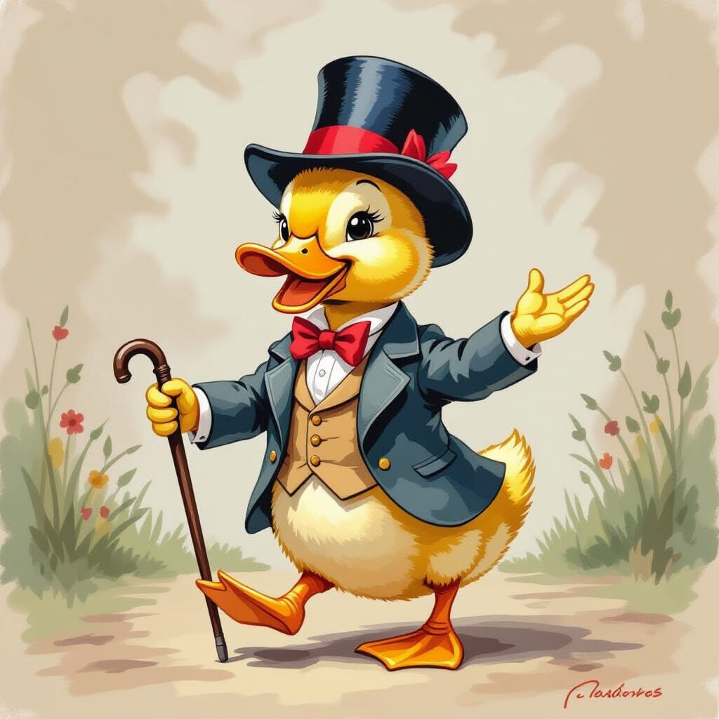 Duckling in Suit Dancing, Whimsical Illustration
