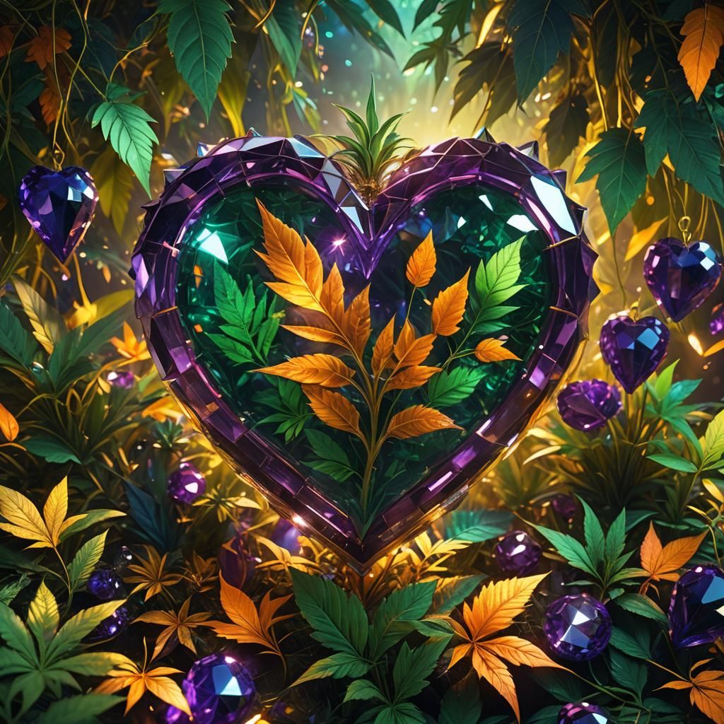 Purple Crystal Heart Amidst Emerald Marijuana Leafs