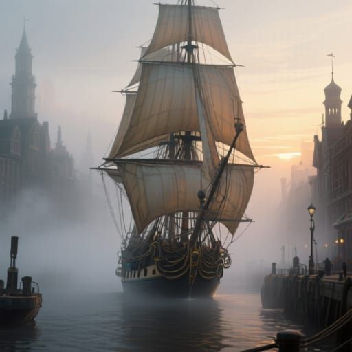 Schooner Exits Misty Port at Dawn's Magic Hour