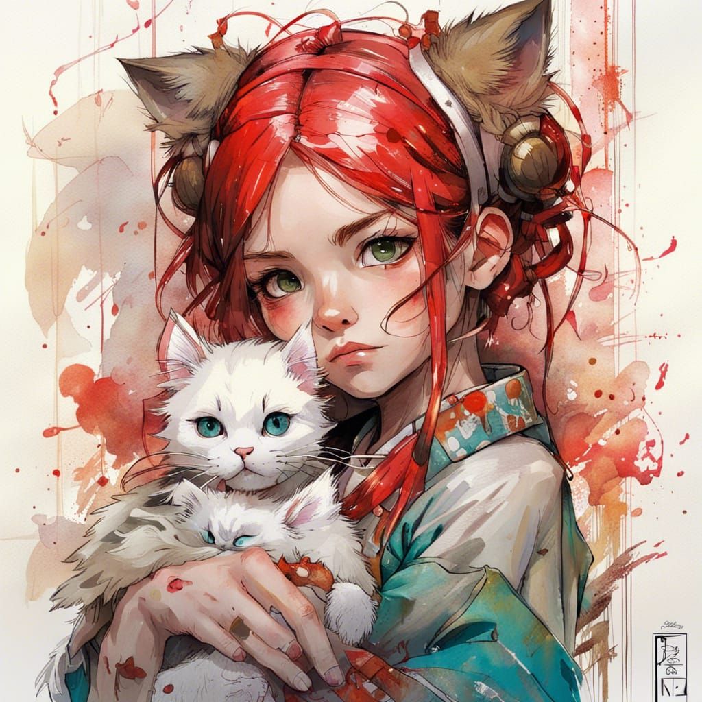 Anime Shrine Maiden with Cat Portrait