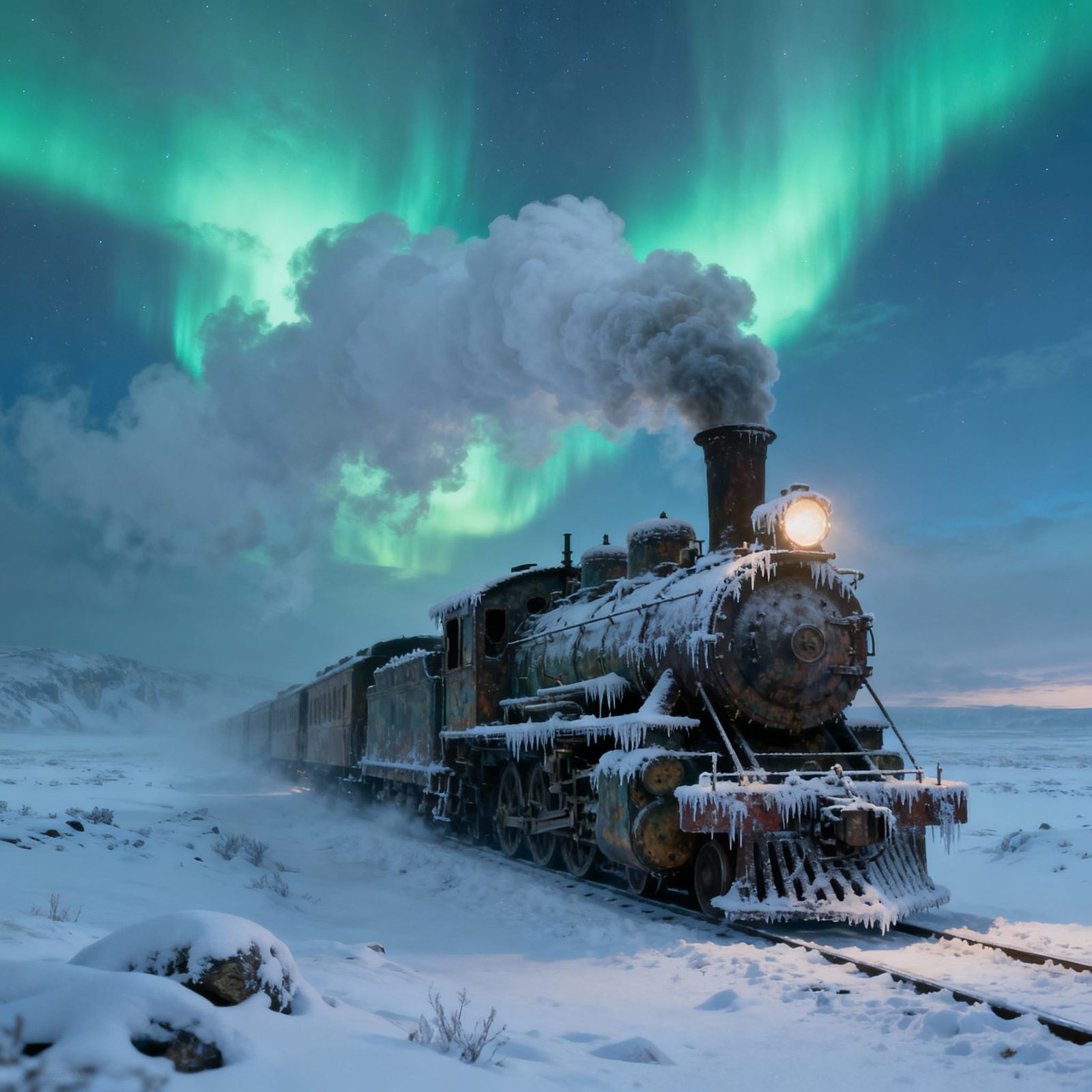 Ancient Steam Train in Aurora Borealis Tundra