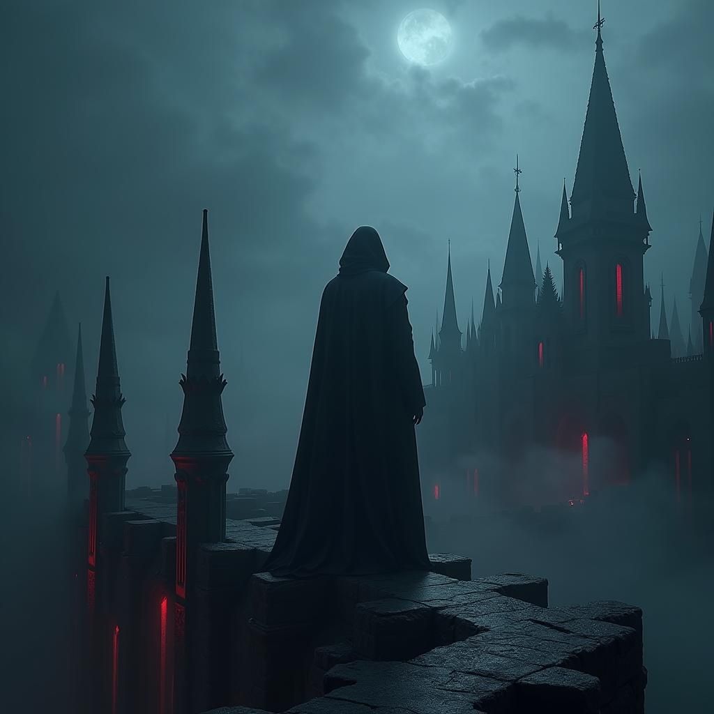 Hooded Figure Overlooking Gothic Ruins in Ethereal Mist