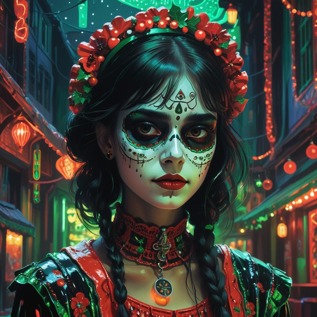Catrina Christmas Girl in Cyberpunk Neon Cityscape