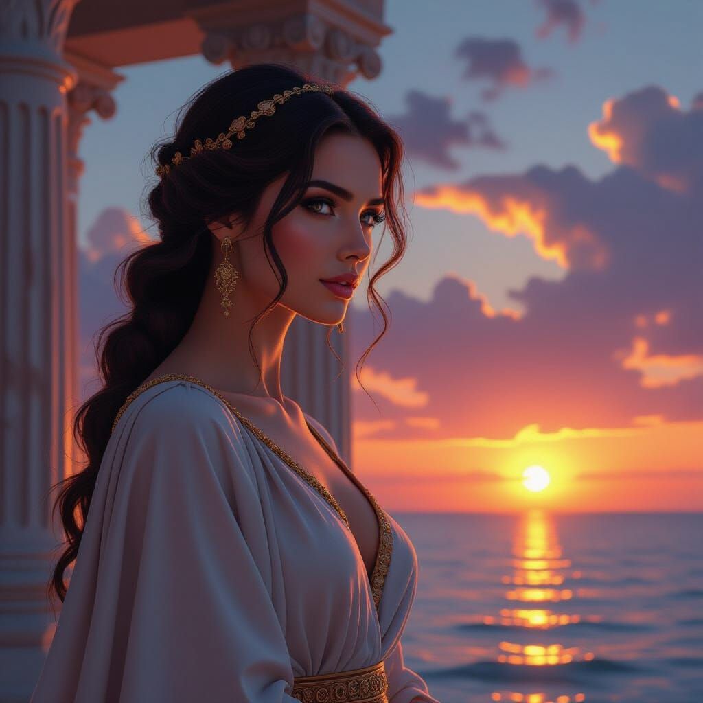 Macedonian Goddess Watches Sunset: Hyperrealistic Art