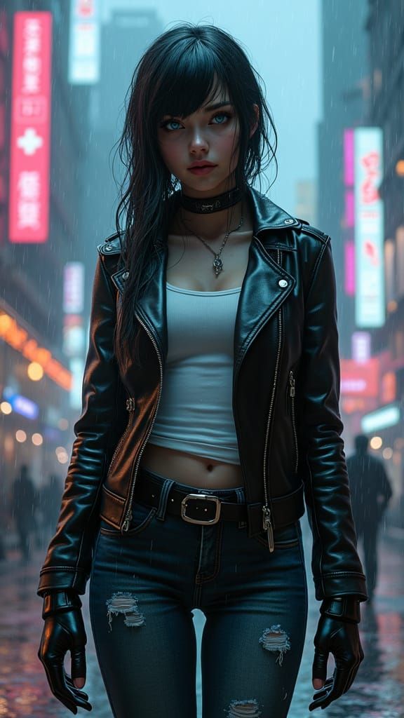 Cyberpunk Goddess in Rainy Cityscape