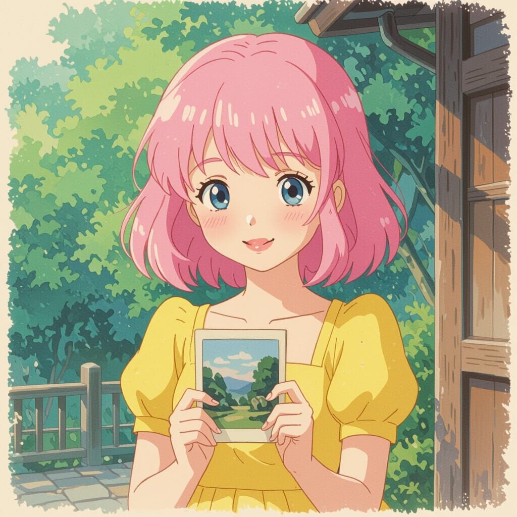 Anime Girl Smiling at Photograph in Watercolor Style