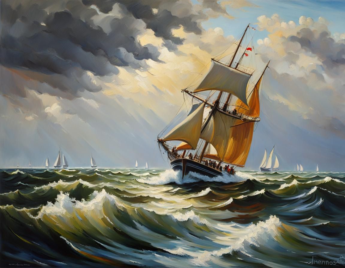 Impressionistic Seascape of Sailboat on Stormy Sea