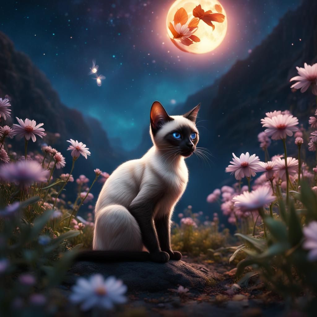 Siamese Cat Gazing at Moon in Valley