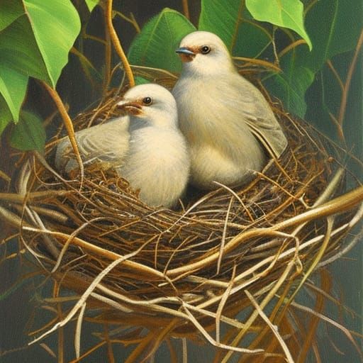 Birds in nest next to ivy