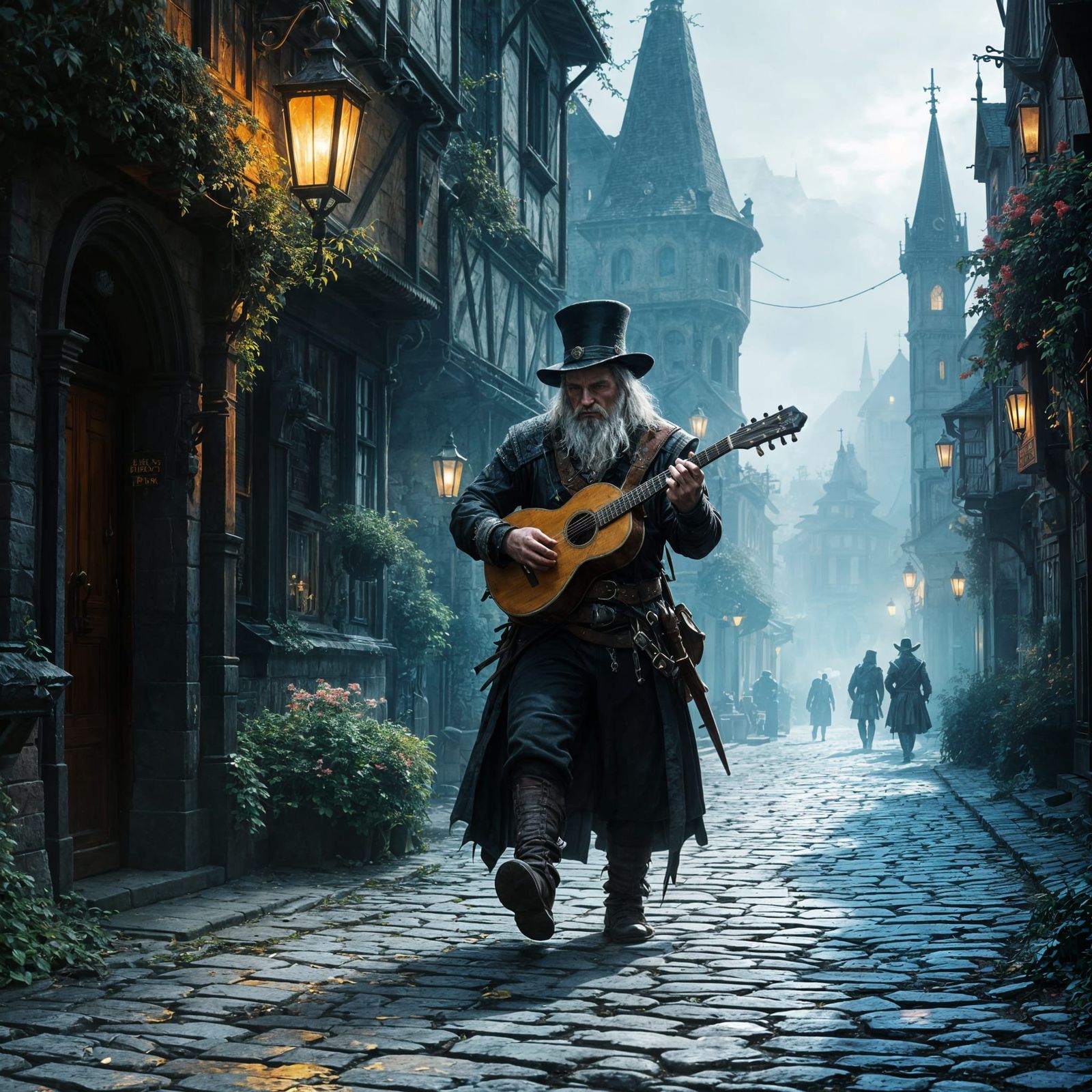Dark Fantasy Bard in Morning Novigrad Streets
