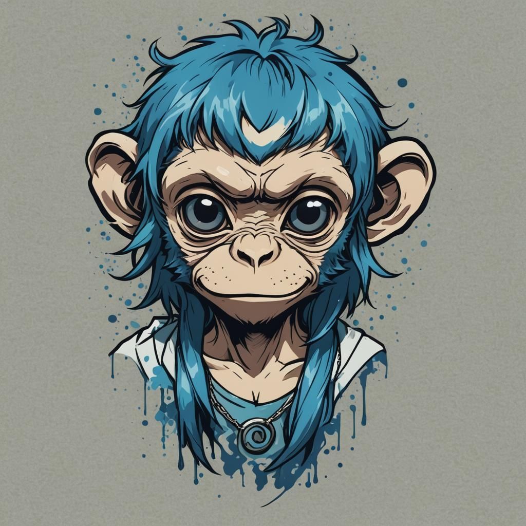 Blue-Haired Monkey T-Shirt Design in Anime Style