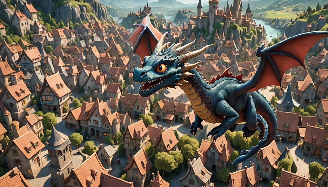 Cartoon Dragon Over Whimsical Village, 3D Animation