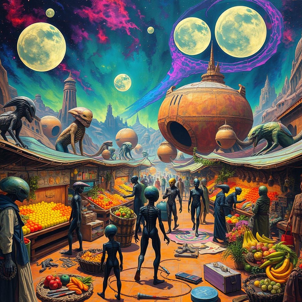 Bustling Alien Marketplace on Bioluminescent Planet