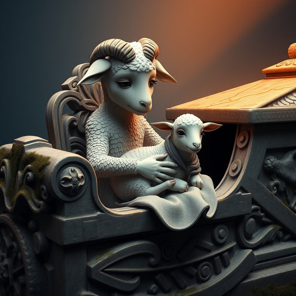 Grieving Ewe with Lamb Carved on Sarcophagus