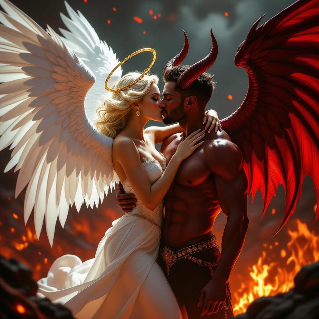 Angel Embraces Demon in Fiery Chasm