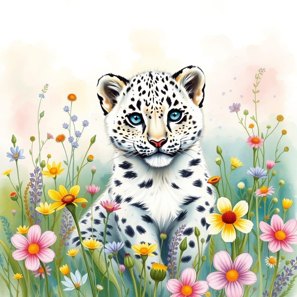 Snow Leopard Cub in Vibrant Wildflower Meadow Watercolor
