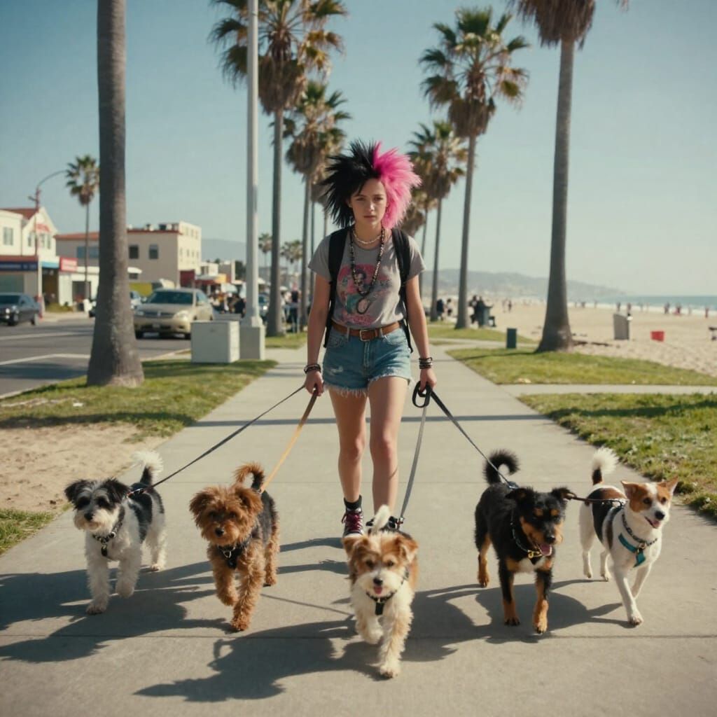 Punk Surfer Girl Walks Dogs on Venice Beach