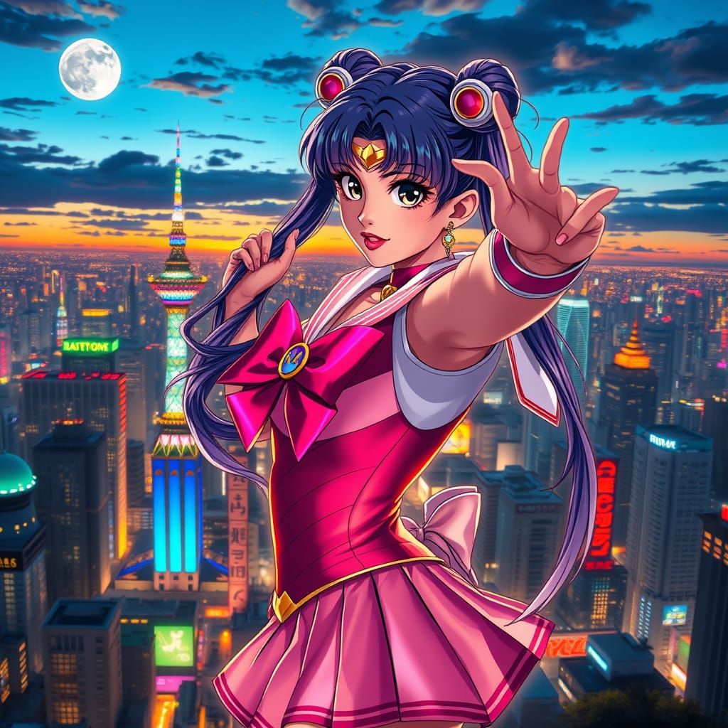 Anime Heroine in Neon Tokyo Sunset