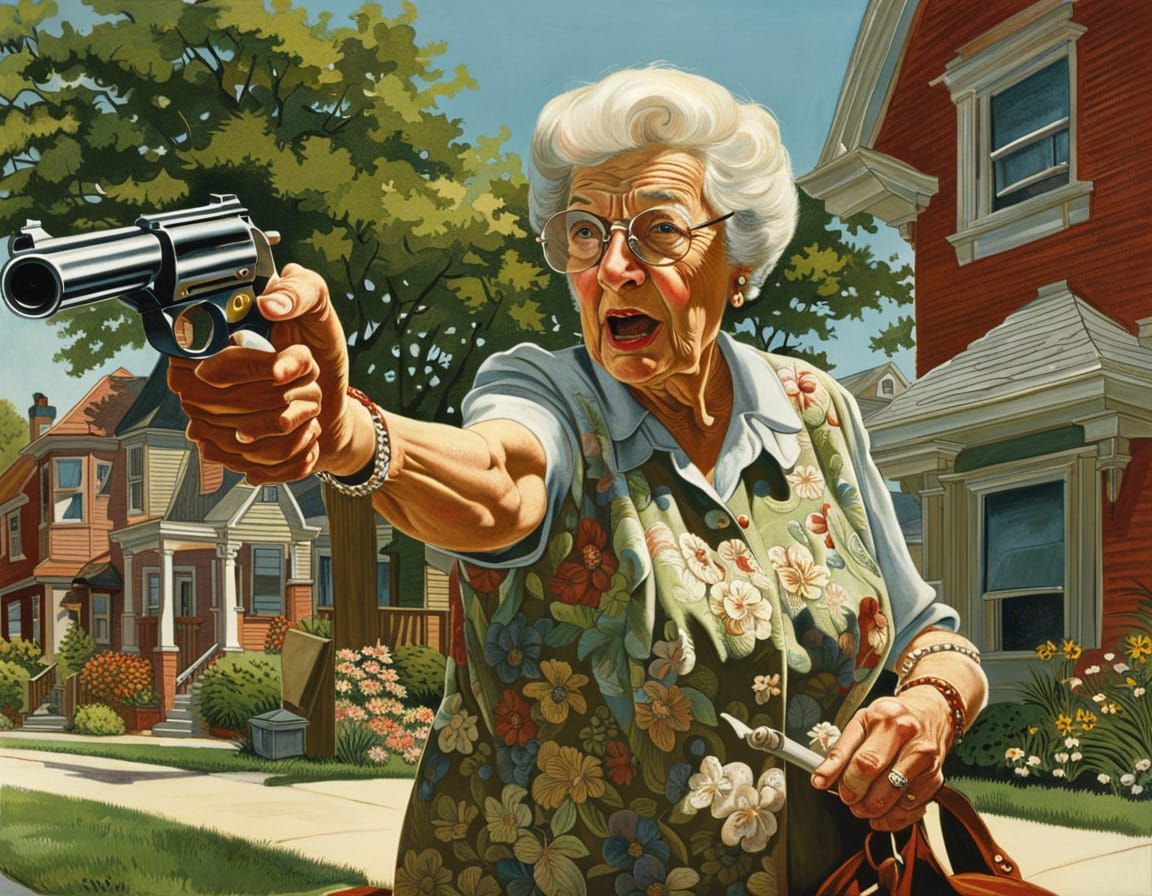 Octogenarian Woman in Action Pose, Rockwell Style