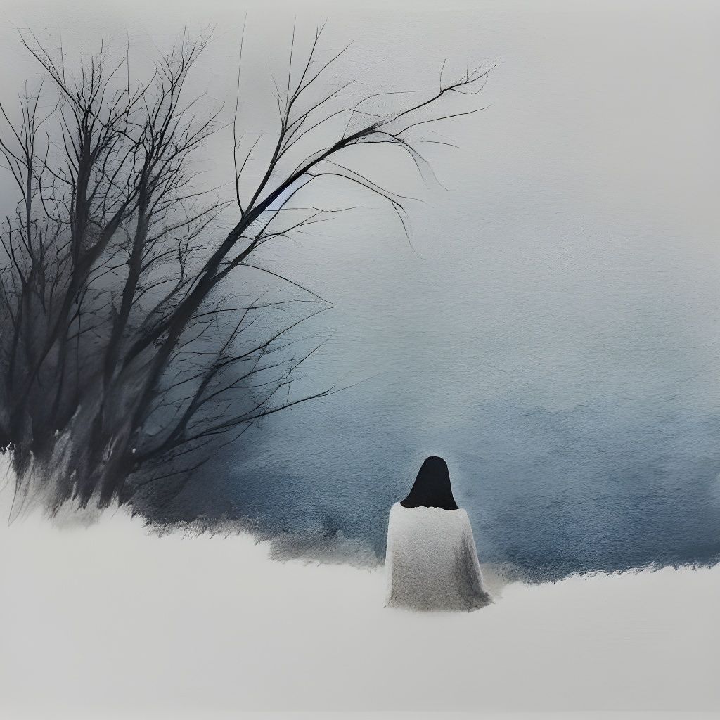 Introspective Woman Gazing at Snowy Landscape Watercolor