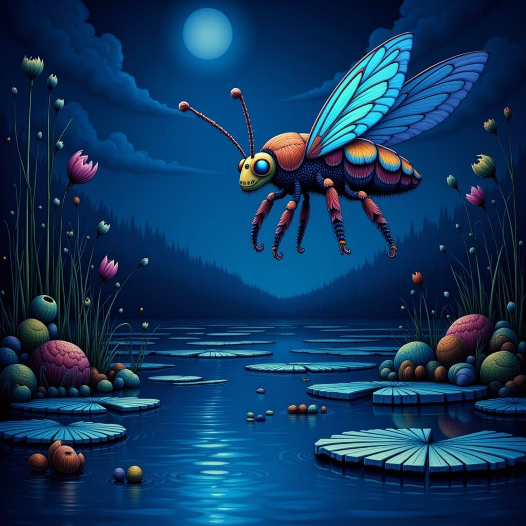 Bioluminescent Beetle Flies Over Frog Pond at Twilight