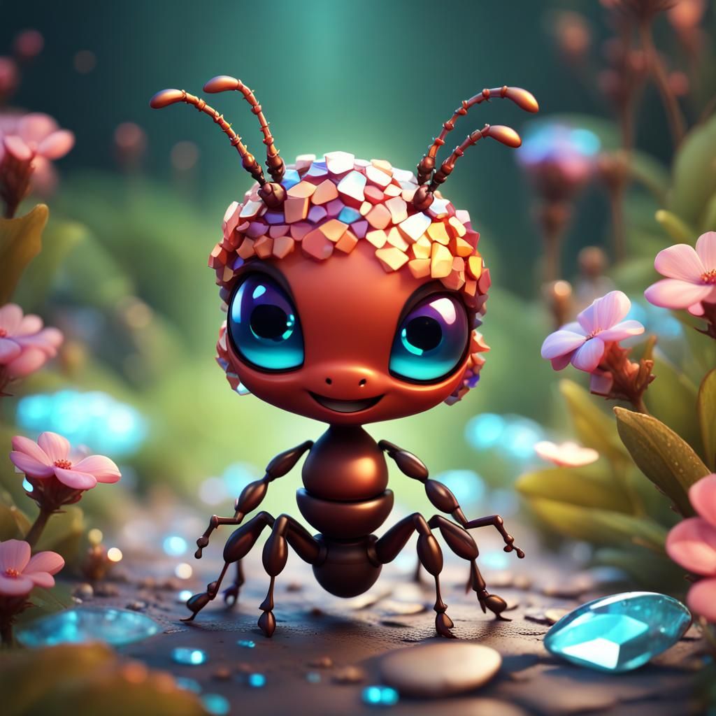 Chibi Ant with Crystal Shingles: Detailed Digital Art