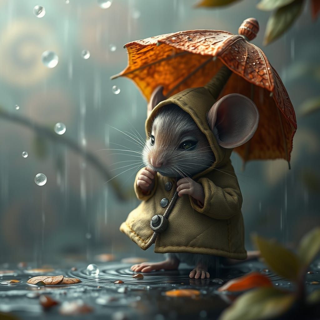 Whimsical Mouse in Delicate Leaf Umbrella, Shy in Fantastica...