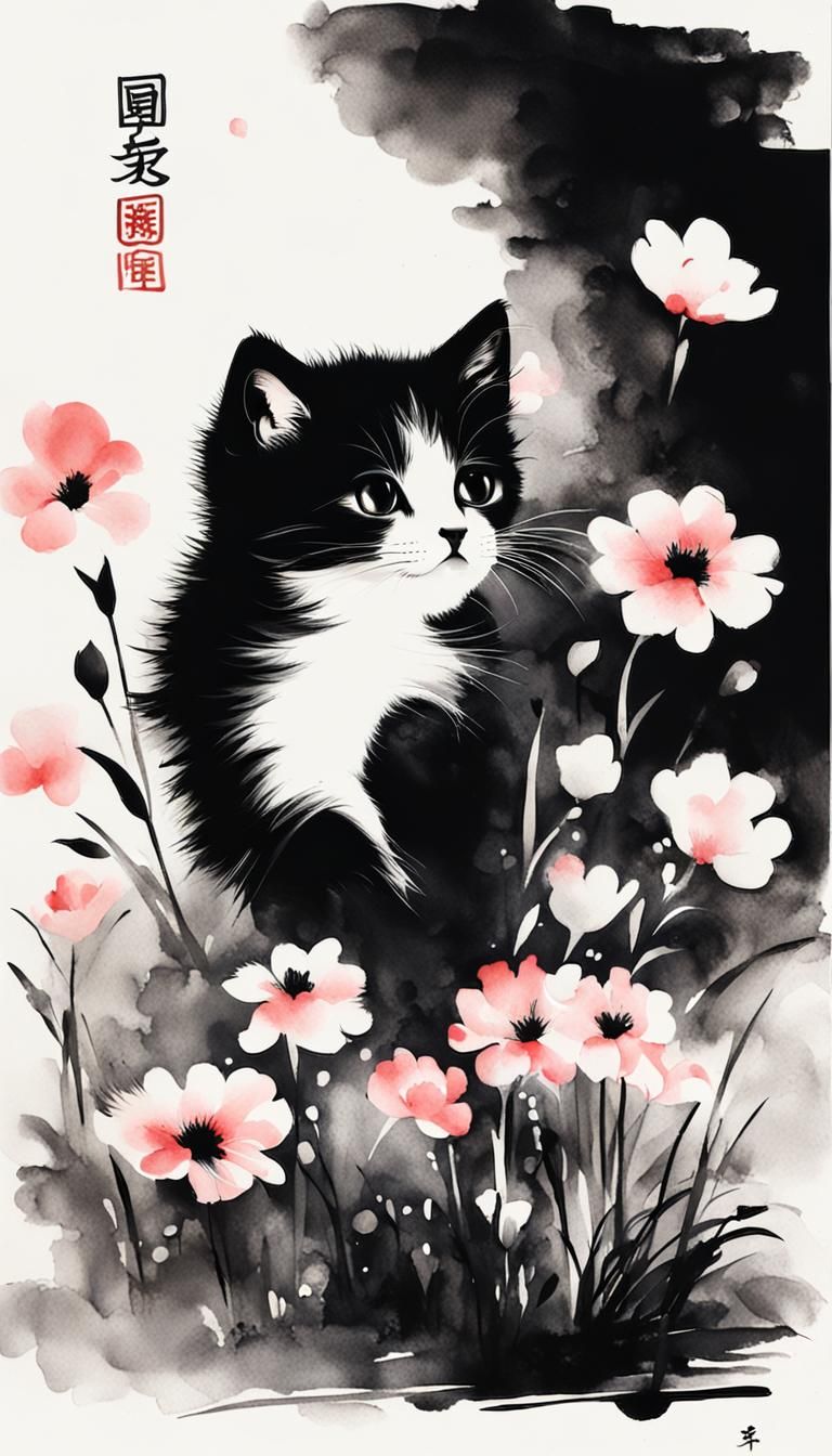 Minimalist Chinese Ink Painting of Kitten with Flower