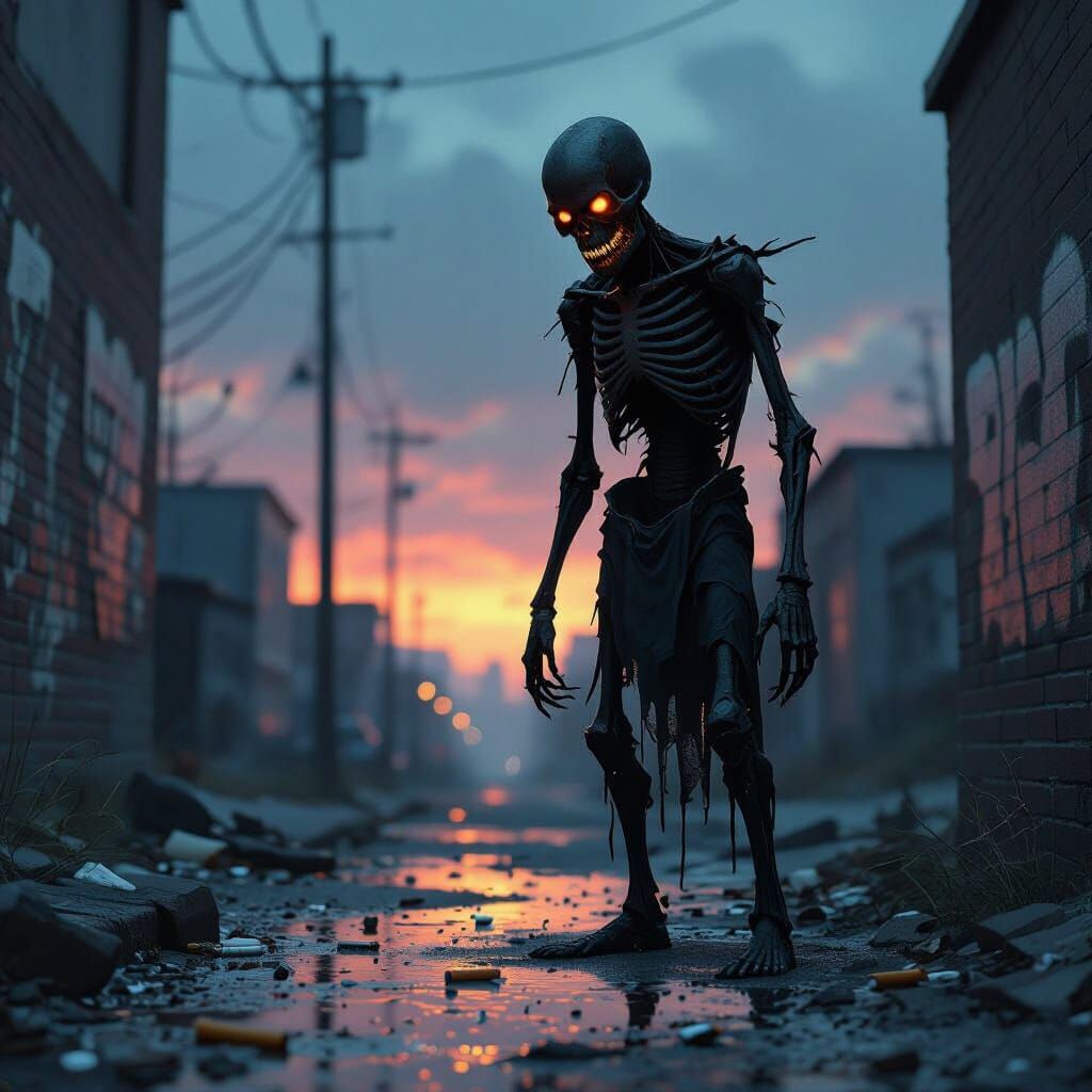 Skeletal Figure in Gritty Urban Gutter