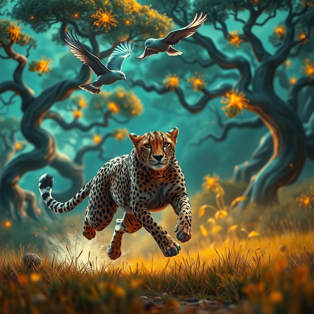 Cheetah in Mid-Sprint Amidst Vibrant Fantasy Landscape