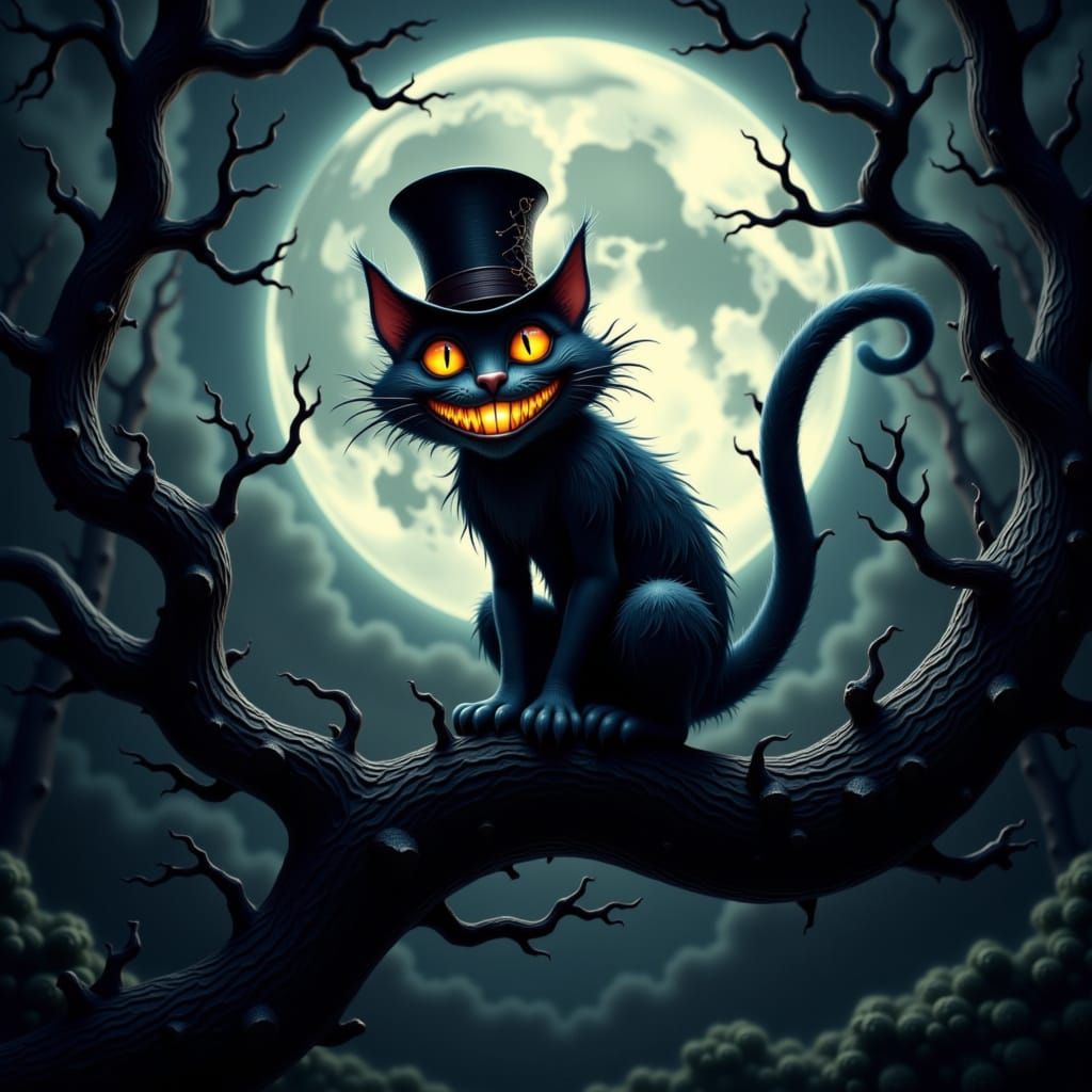 Cheshire Cat with Eerie Grin in Dark Fantasy Style
