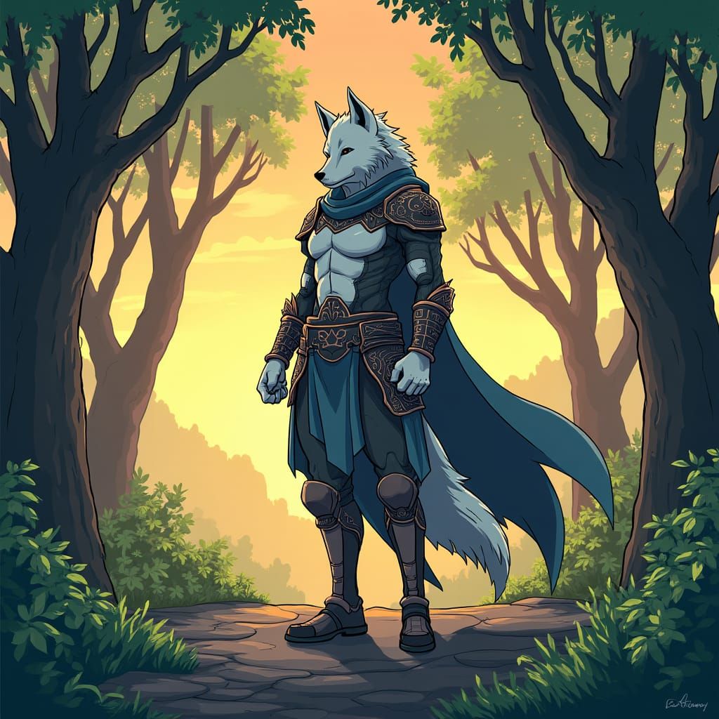 Majestic White Wolf Warrior in Mystical Wood Anime Style