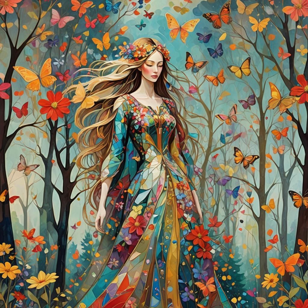 Whimsical Geometric Flowers and Woman in Cartoon Style