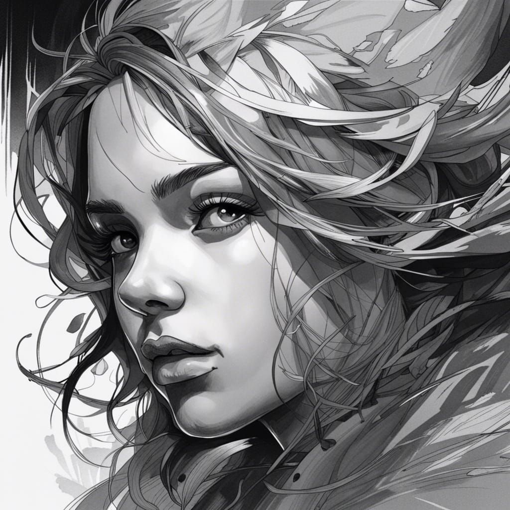 Monochrome Ink Portrait of a Girl in Art Nouveau Style