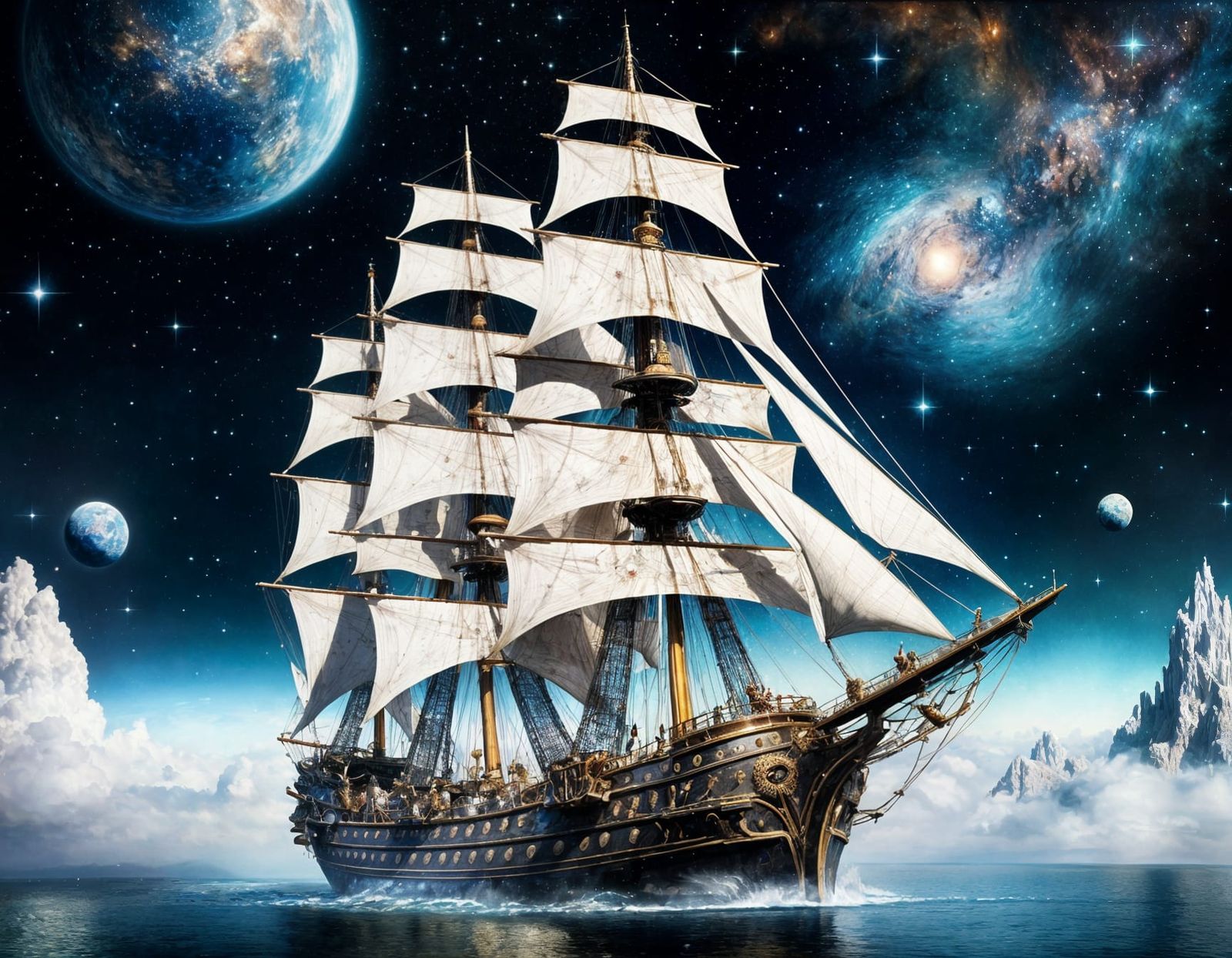 Ornate Ship Soaring Through Outer Space