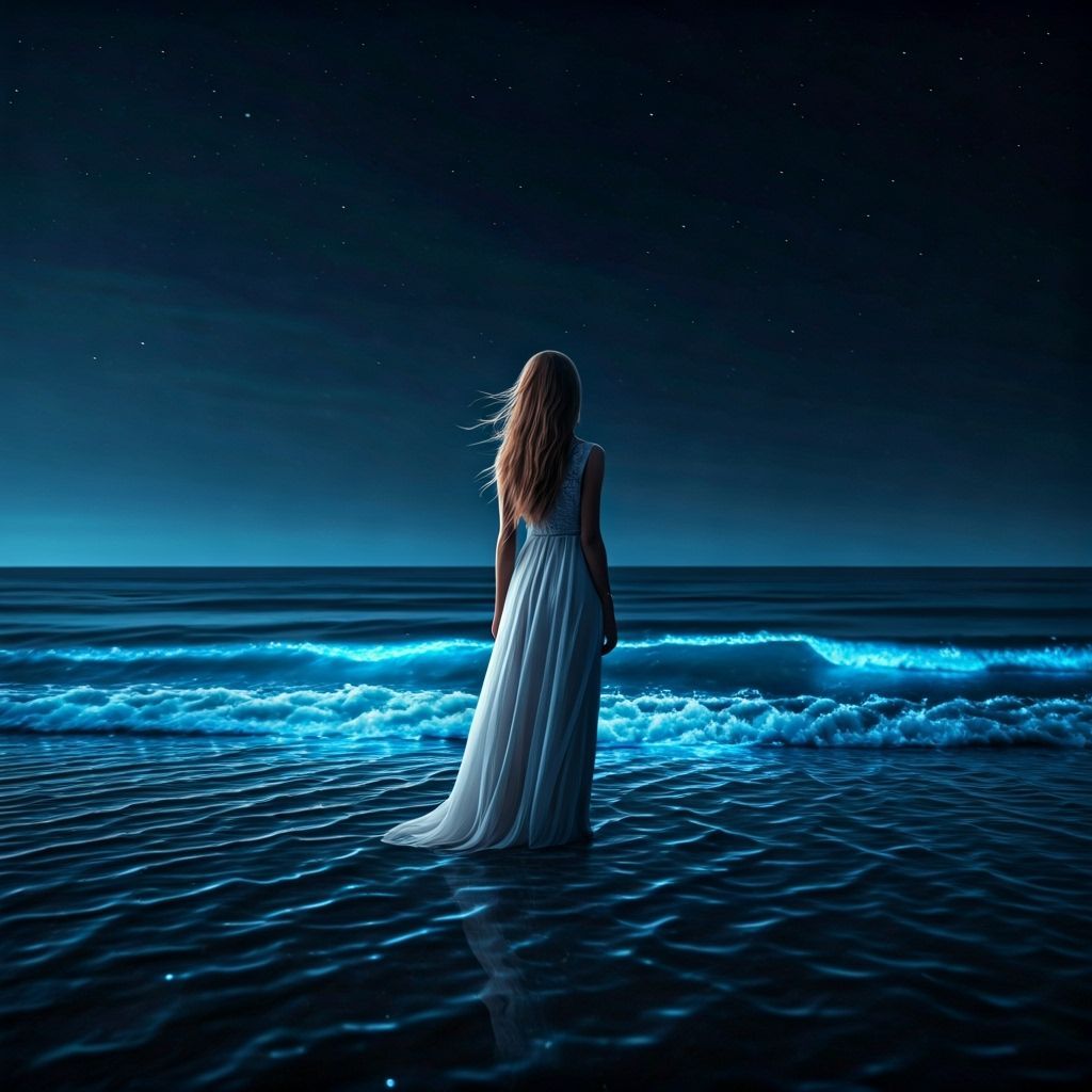Bioluminescent Ocean with Woman in Flowing Dress