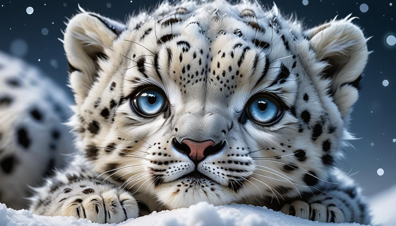 Fluffy Snow Leopard Cub on Crescent Moon