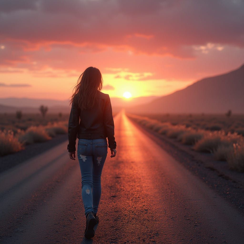Young Woman Walking on a Winding Road into Infinity, Sunset...