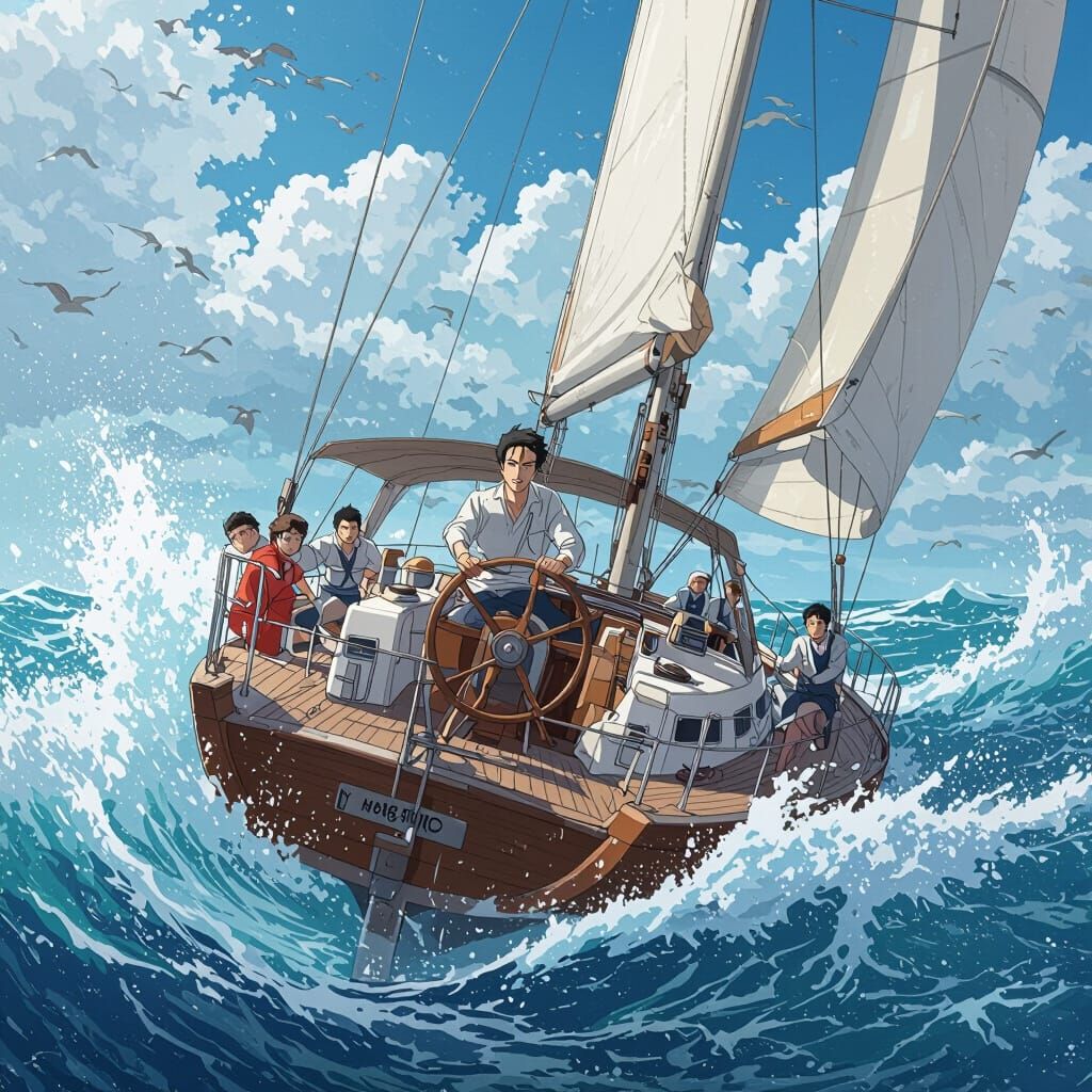 Sailboat in Turbulent Waters in Anime Style
