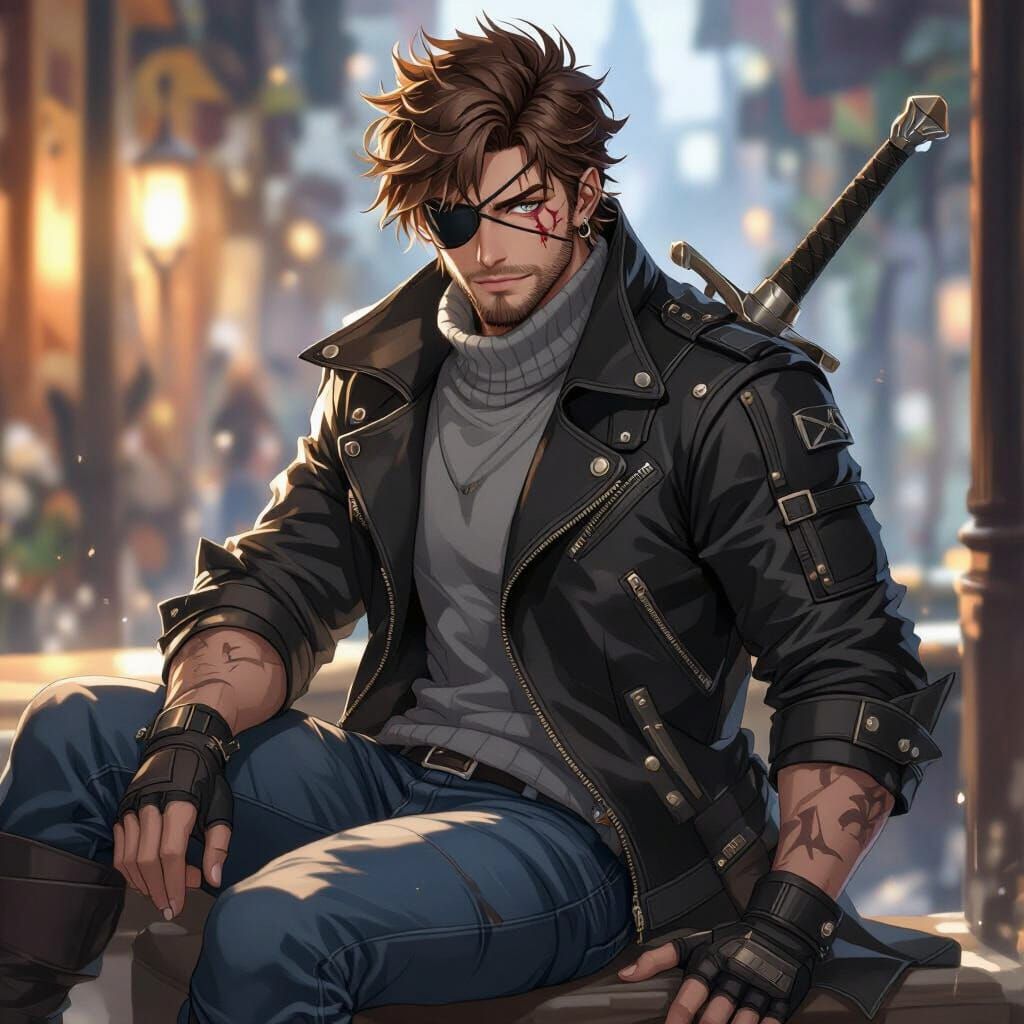 Anime Masterpiece: Muscular Warrior with Sword and Scars