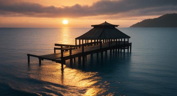 Giant Turtle Swims Under Pier at Sunset