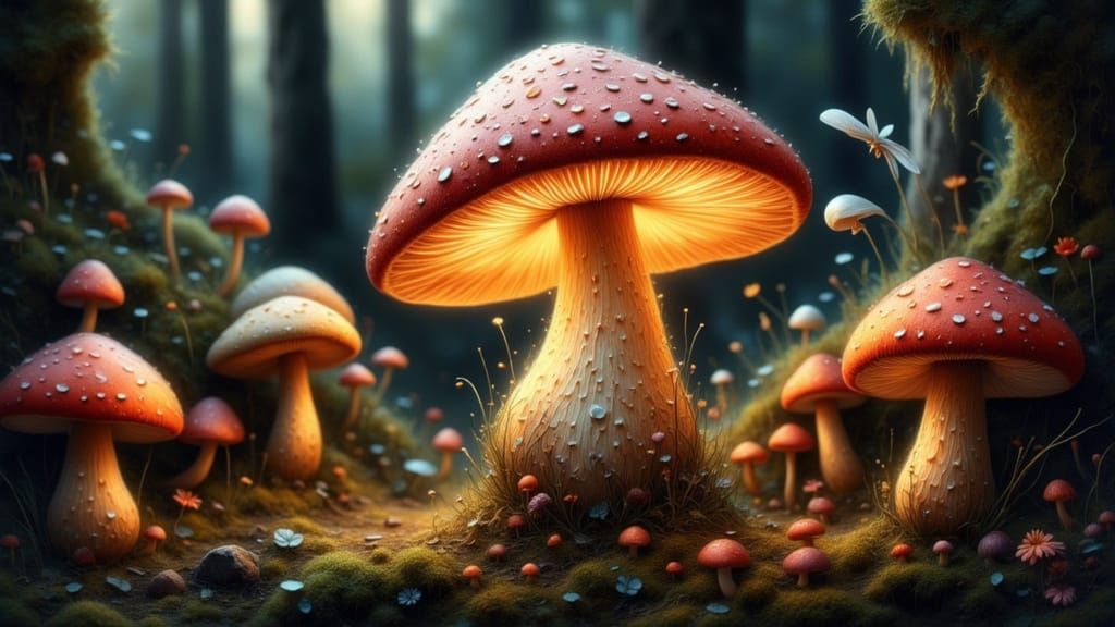 Glowing Pillowy Mushroom on Forest Floor