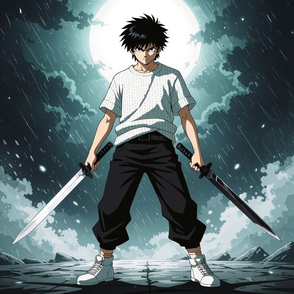 Anime Warrior Boy Holds Black and White Daggers