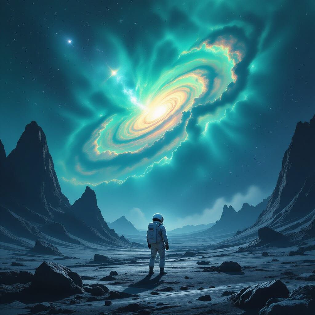 Astronaut Gazes at Emerald Amethyst Nebula on Alien Planet