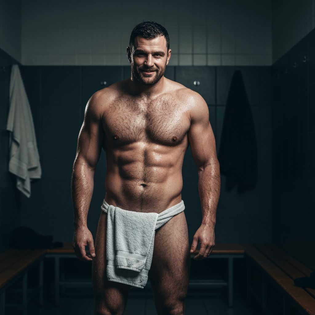 Rugged Athletic Man in Dim Locker Room