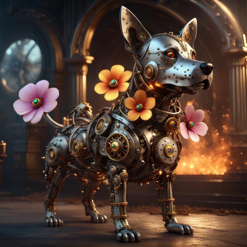 Steampunk Dog Made of Titanium Flowers