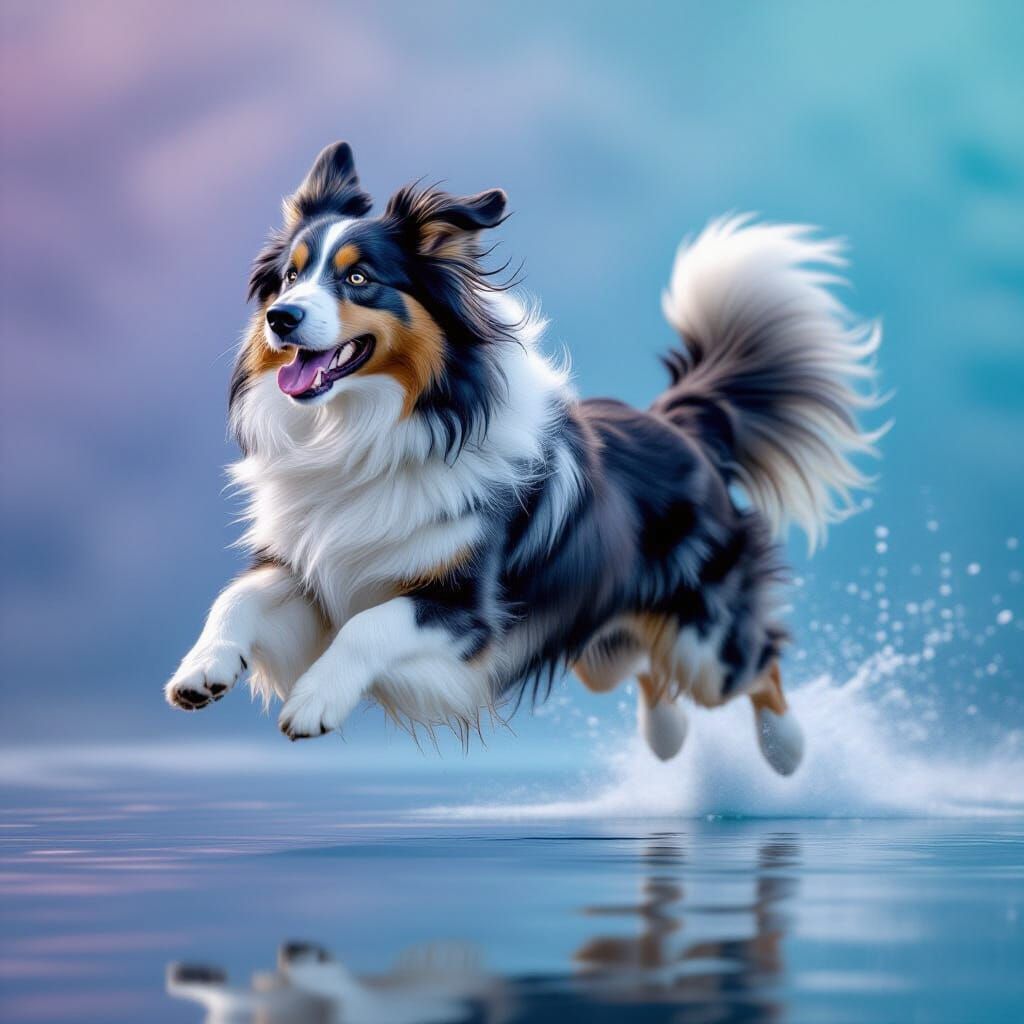 Bearded Collie Leaping, Surrealist Digital Art