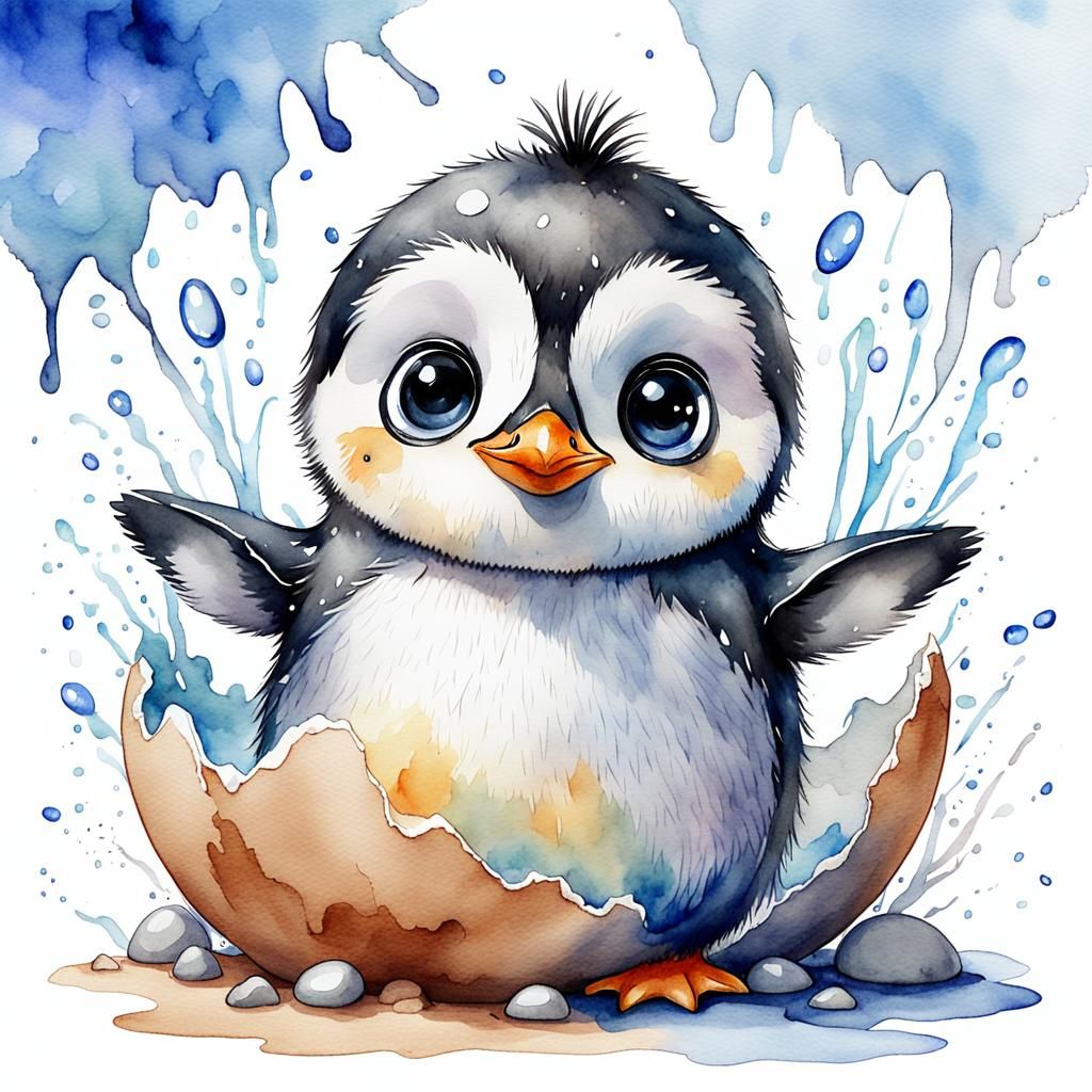 Adorable Chibi Penguin Hatchling in Watercolor Style
