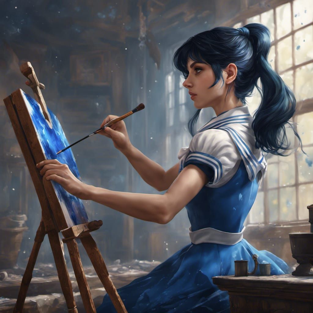 Black-Haired Girl's Sailor Mercury Painting