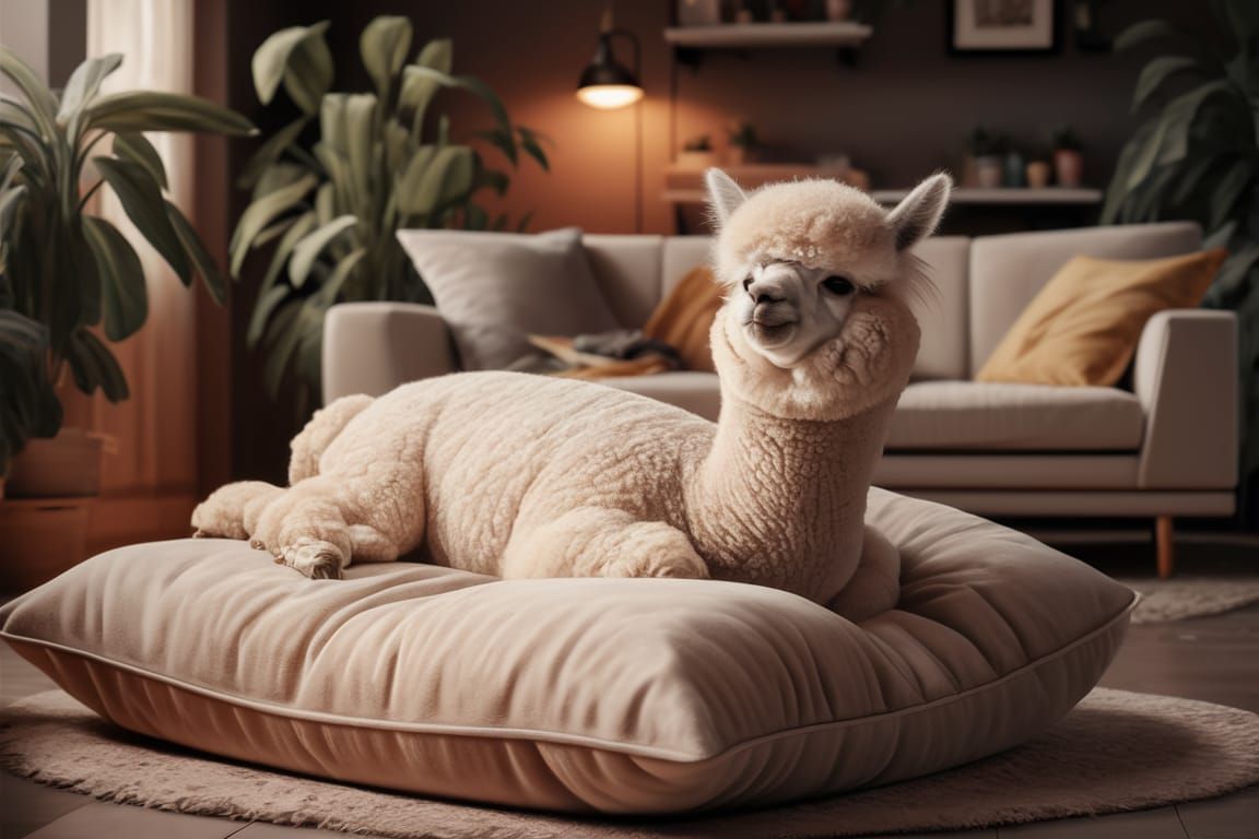 Fluffy Alpaca Lounging in Cozy Living Room